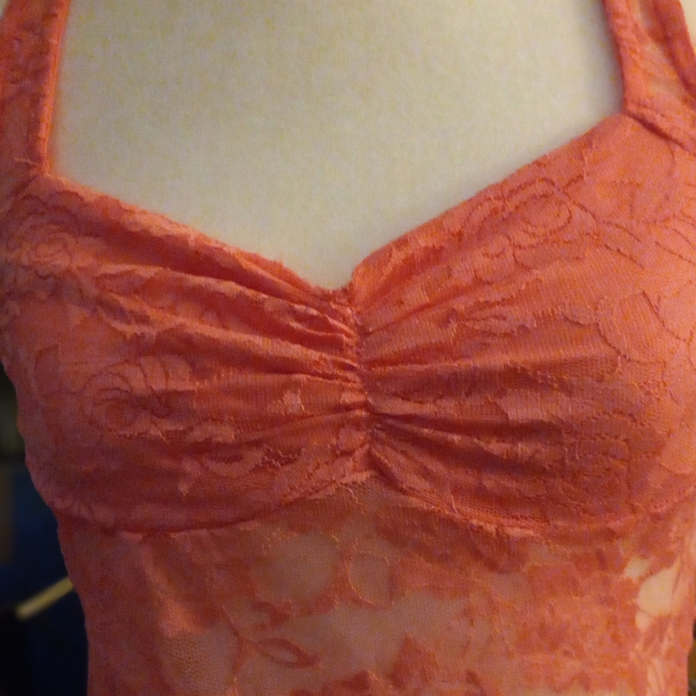 New,hot pink lace empire ruched lined bodice sheer mesh halter y2k top size med.